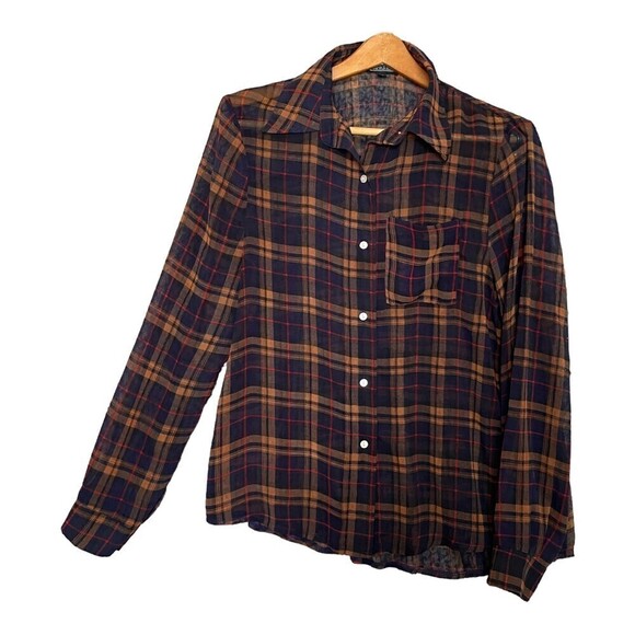 ANGIE Women’s Sheer Button Down Top Navy and Gold Plaid Long Sleeve Size Small - Picture 1 of 12